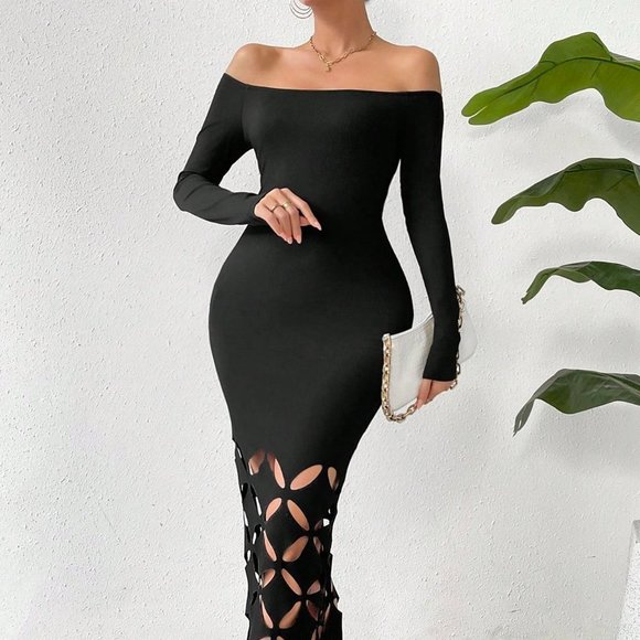 Black Preppy Womens Off Shoulder Cut Out Bodycon Dress - Picture 4 of 5
